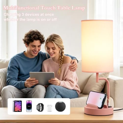 Dreamholder Touch Control USB Table Lamp with USB C/A & AC Outlet, 3-Way Dimmable Bedside Lamp, Modern Nightstand Lamps for Bedroom Living Room Guest Room Office, Bulb Included, Pink