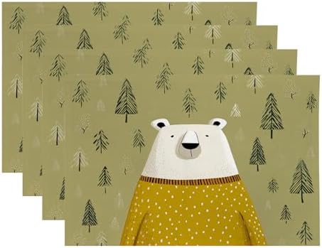 White Bear Yellow Sweater Linen Placemats, in Tree Background Table Mats for Table Washable Heat Insulation Thick Dining Mat, Indoor/Outdoor 12X18 in 4 Pcs