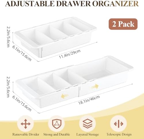 Expandable Deep Drawer Organizer Bins for Desk, White, 2 Pcs