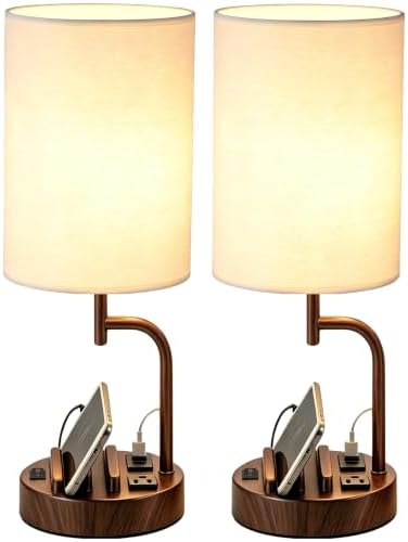 Dreamholder 2 Pack Table Lamp, Bedside Lamp with 3 USB Charging Ports & AC Outlet, USB Desk Lamp with 2 Phone Holders, Linen Fabric Shade Nightstand Lamps for Bedroom Living Room Office, Walnut
