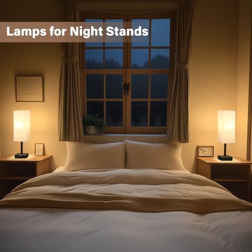 White Bedside Lamps for Bedroom Set of 2 - Small Rectangular Nightstand Lamp with AC Outlet Charging Port, 3 Color Temperatures Desk Light with Bulb, Tabletop Reading Lamp for Living Room/Dorm/Office