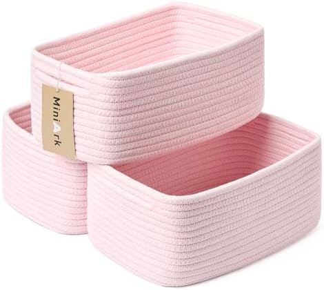 MiniArk Small Storage Baskets for Organizing | Closet Organizer Bins | Shelf Toy Basket | Woven Rope Baskets | Cube Decorative Box | Shallow Basket | 13x8.5x5.1” | 3 Packs Light Pink