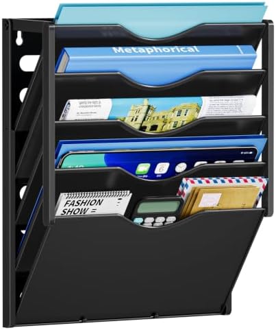 Marbrasse 5 Tier Wall File Organizer, Plastic Hanging File Holder for Mail, Magazines Paper Organizer Wall Mounted for Office Home (Black)