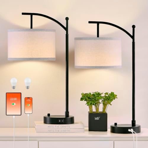 Table Lamp Set of 2, 23.5" Bedside Lamps with USB C+A Ports, Black
