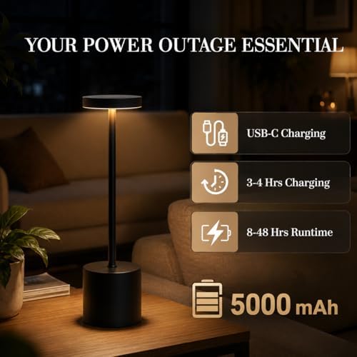 Cordless Table Lamp Set of 2, 5000mAh Rechargeable Lamp with Touch Control & Stepless Dimming, 3 Light Modes, IP54 Waterproof Portable Light for Dining Table, Patio, Bedroom, Power Outage (Black)