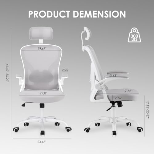 Mesh Office Chair with Headrest, Flip-Up Armrests, 350lb Capacity, Gray