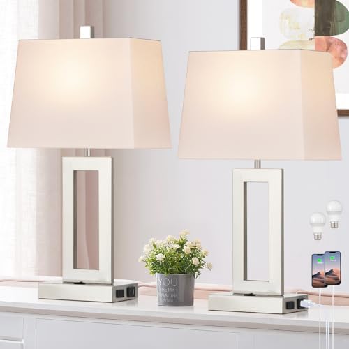 Cinkeda Silver Bedside Table Lamp Set of 2,Nightstand Lamps with USB Ports