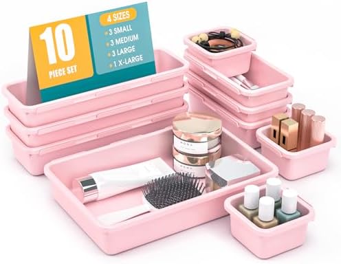 StoreHappily 10 PCS Drawer Organizer Set, 4 Size Makeup Drawer Divider Organizer With Non-Slip Pads, Interlocking Plastic Storage Bins for Office,Jewelry Vanity,Gadgets, Bathroom,Kitchen, Pink