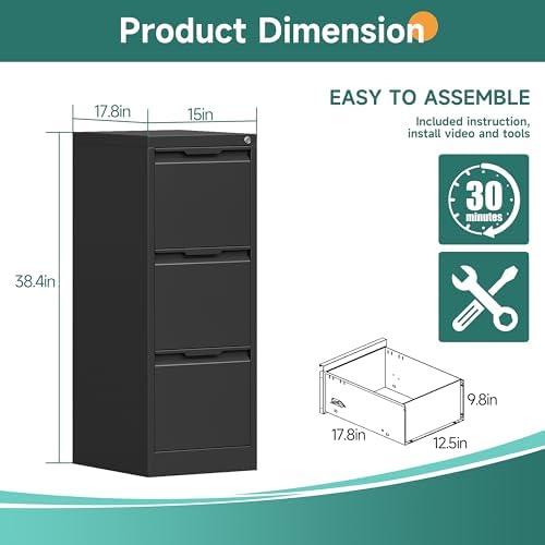 3 Drawer File Cabinet with Lock,Metal File Cabinet for Home Office,Black Vertical Filing Cabinets Heavy Duty Office Storage Cabinets for Letter/Legal/A4/F4 Size File, Assembly Required