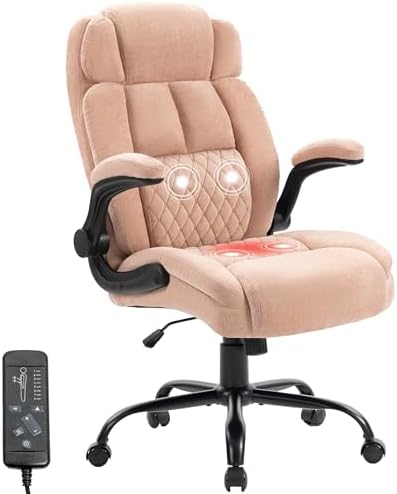 Massage Office Chair,500LBS Ergonomic Rocking Executive Desk Chairs with 4 Points Vibration&Heat,Padded Flipup Armrests for Big and Tall Office Chair,Swivel Computer Chair Pink
