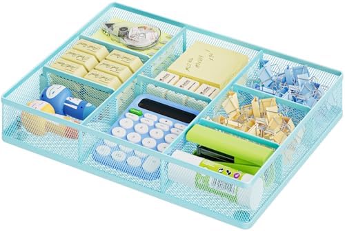 Marbrasse Desk Drawer Organizer, Metal Mesh Drawer Organizer Tray with 5 Adjustable Compartments,Desk Organizers and Accessories for Home,Office,Kitchen,Makeup,Vanity (Blue)