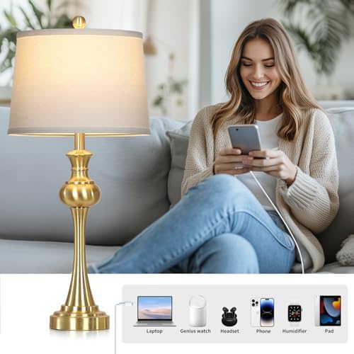 Cinyirong 28.75" Gold Table Lamps for Living Room,Touch Lamps for Bedrooms Set of 2 - Nightstand Table Lamp with USB C+A, 3 Way Dimmable Bedside Lamps End Tables, Antique Brass