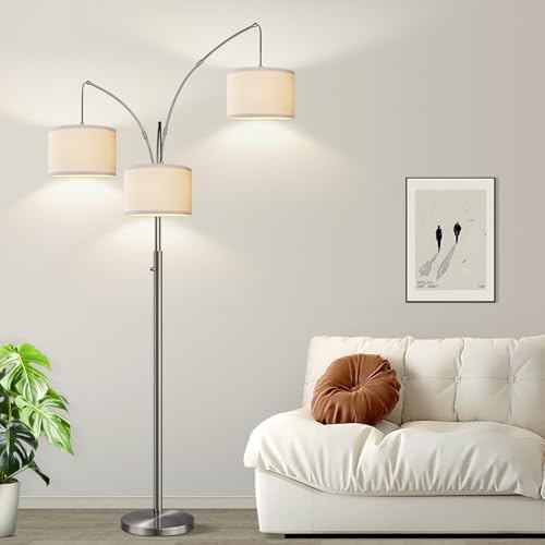 Dimmable Floor Lamp, 3 Lights Sliver Arc Floor Lamp, Modern Tall Standing Tree Lamp with White Linen Shades & Heavy Base, 3000LM LED Bulbs, Bright Lighting for Living Room, Bedroom, Office & Reading