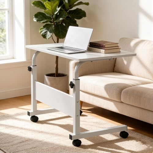 Standing Desk - Side Table Adjustable Height, Portable Laptop Cart, C-Shaped Bed Couch end Tables with Edge Stopper - Wheels for Living Room Bedroom Walking Pad Treadmill 31.5Inch White