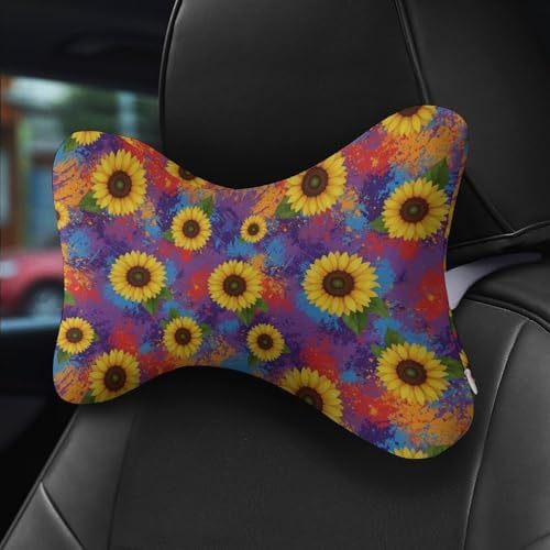 2 Pack Car Headrest Pillow Sunflower Painting Soft Memory Foam Neck Cushion for Neck Pain Relief