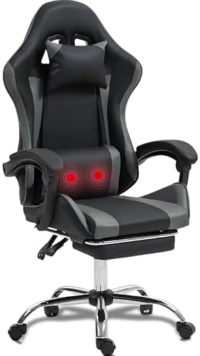 Massage Gaming Chair with Footrest，Ergonomic Video Game Chair for Adults Kids, Adjustable Headrest & Lumbar Support, 90-135° Recline, 360° Swivel, for Gaming Room Home Office Bedroom, Grey
