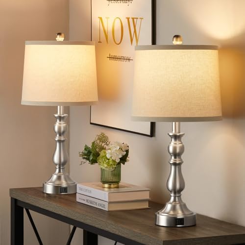23'' Table Lamps Set of 2, Silver Lamps for Bedroom, USB C+A Ports