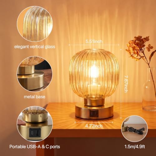 Elenhome Touch Small Table Lamp,Elegant Gold Glass Bedside Lamp 3 Way Dimmable with USB C+A Charging Ports - Bedroom Nightstand & Living Room Essential, 4W Bulb Included (Gold)