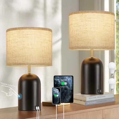 GyroVu Touch Control Table Lamps Set of 2, Black Bedside Lamps for Bedroom