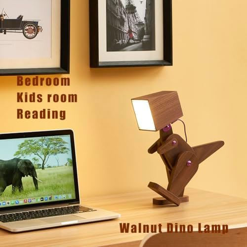 Cute Cool Wood Dinosaur Table Lamp Reading, Walnut Black