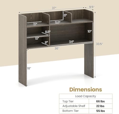 Tangkula Desktop Bookshelf for Computer Up to 32”, 37” Countertop Storage Hutch with 6 Storage Shelves, 3-Tier Desktop Organizer Display Rack, Wooden Desk Hutch for Dorm Home Office (Grey,6 Shelves)