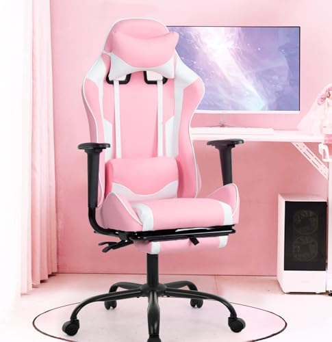 PC Gaming Chair with Footrest, Ergonomic Home Office Chair with Lumbar Support & Headrest Pillow, Pink