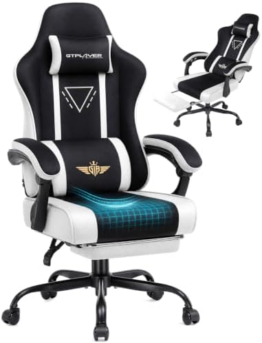 GTPLAYER Video Gaming Chair Fabric, Ergonomic Computer Chair with Footrest and Pocket Spring Cushion, Height Adjustable Video Gamer Chair with Lumbar Support for Adults, White