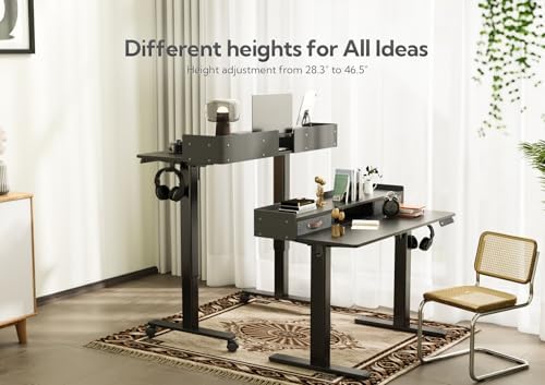 Claiks Standing Desk with Drawers & Wheels, 2 Height Shelf 48inch Black