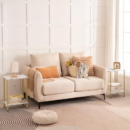 HOOBRO Side Table with Charging Station, Set of 2 End Tables with USB Port and Outlet, Nightstand with 2-Layer Storage Shelves for Small Spaces, Living Room, Bedroom, Gold and Marble DM09UBZP201