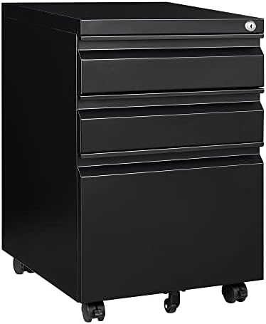 3 Drawer File Cabinet with Lock,Under Desk File Cabinet with Wheels,Black Rolling Filing Cabinets,Three Drawer Metal Filing Cabinet for Home Office,Fit A4/Letter/Legal File,- Assembly Required