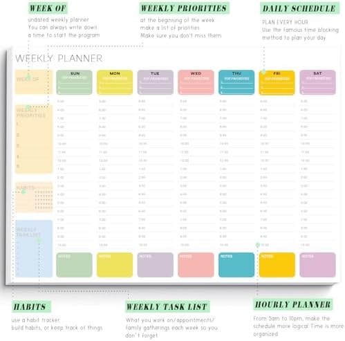 Undated Weekly Hourly Planner Notepad, Tear-Off ADHD Planner,Weekly Planner,Weekly Schedule Planner,Weekly To Do List Notepad(52 Sheets,8.5"x11",Colorful)