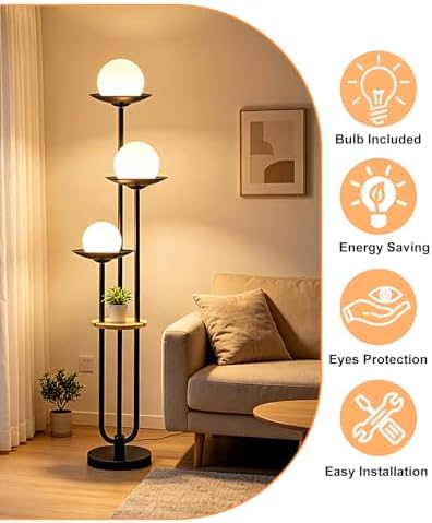 Lightdot 3-Globe Dimmable Floor Lamp with Table Modern Floor Lamps with 5Lbs Heavy Base for Wedding/Party 3000K Warm White Bulbs Included Black Standing Lamp for Living Room/Bedroom/Sofa Beside/Corner