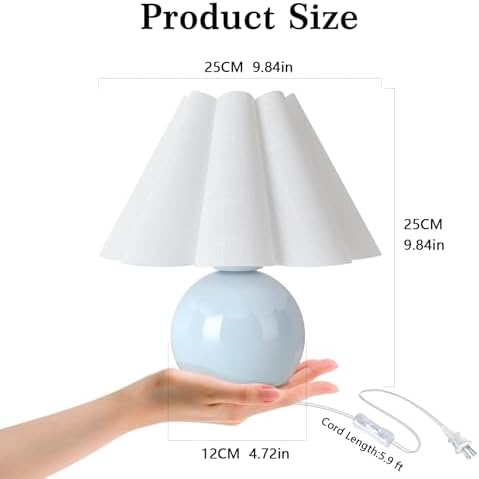 Light Blue Small Bedside Mini Table Lamp for Bedroom, Cute Bedroom Lamps for Nightstand, Cute Mini Table Lamps for Small Spaces with Scalloped Shade for Kitchen Counter, Bookshelf, Kids Dorm, Office