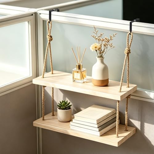 2Pcs Cubicle Shelf for Walls, Office Cubicle Accessories for Work, 11.8" 2 Tier Wooden Hanging Wall Shelf with Hooks & Cotton Rope Boho Style Decor Desk Wall Organizer Storage for Office Home