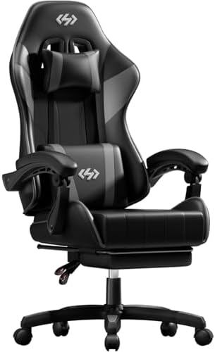 HLDIRECT Gaming Chair with Footrest, Lumbar Support & Headrest, Black&Grey