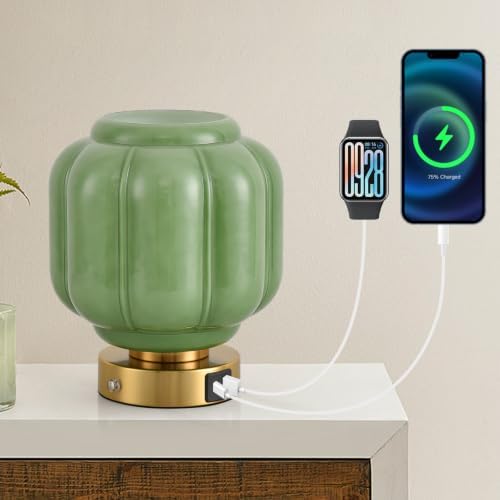 Rechargeable Table Lamp, Cordless Green Glass Bedside Lamp Small