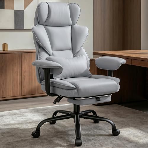 Office Desk Chair, Big and Tall Gaming Chair with Foot Rest, Ergonomic High Back Computer Chair with Soft Adjustable Armrests, Lumbar Support Pillow, Executive Leather Chair (PU, Grey)