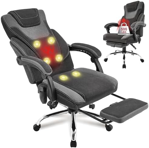 Office Chair with Foot Rest, 6-Point Vibration Massage & Heat Executive Office Chairs, Ergonomic Desk Chair for Heavy People, Big and Tall Office Chair 500LBS, Recliner with Padded Armrest, BlackGrey