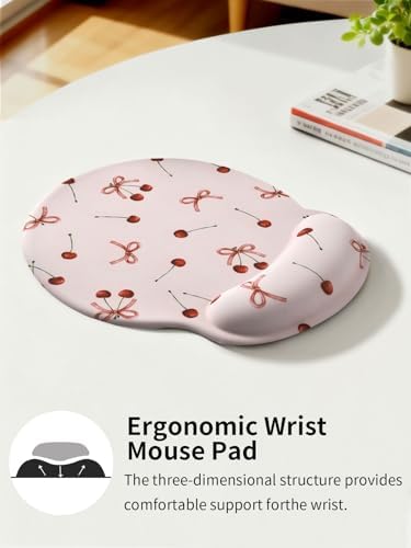 Seorsok Retro Ribbon Bow Cherry Mouse Pad with Gel Wrist Support Mouse Pad,Ergonomic Aesthetic,Comfort Mousepad for Office Work Computer,Pain Relief Mousepad with Non-Slip Silicone Base,Pink