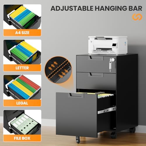 3 Drawer File Cabinet with Lock, Fully Assembled Metal Mobile Filing Cabinets for Home Office, Small Rolling File Caninet on Wheels for Legal/Letter / A4 File, Black