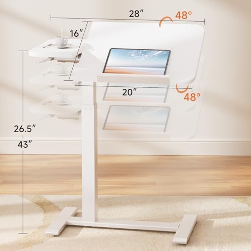 COMHOMA Tiltable Mobile Small Standing Desk, Pneumatic Adjustable Height Overbed Bedside Table with Wheels, Sit Stand Portable Rolling Laptop Desk Computer Workstations, White