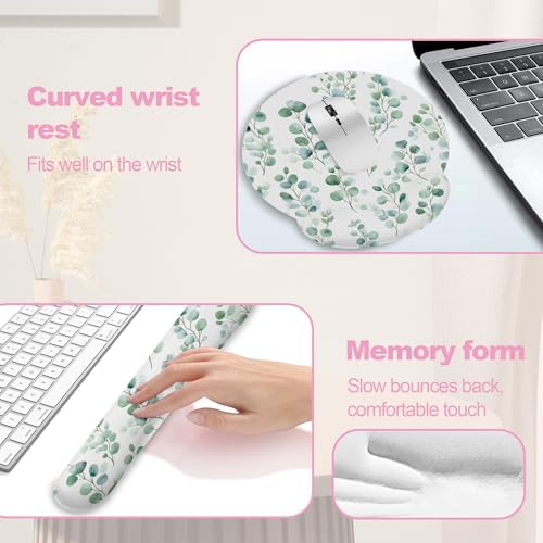 Eucalyptus Leaf Boho Ergonomic Wrist Support Keyboard Mouse Wrist Rest Set, Computer Office Comfortable Wrist Rest for Mouse Easy Typing