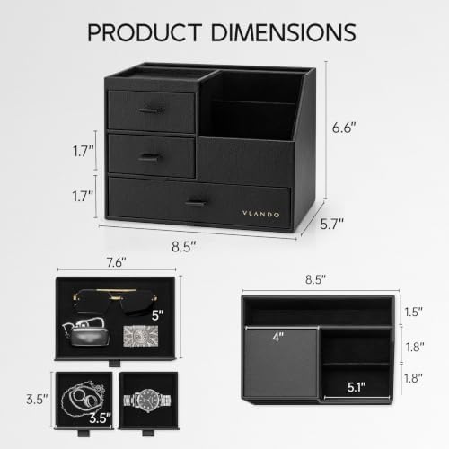 Desk Organizer with Drawer, Luxury 7 Compartments Leather Desk Caddy, Black