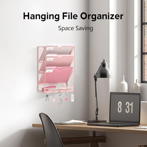 4-Tier Wall File Organizer and Mail Organizer with 5 Hooks, Pink