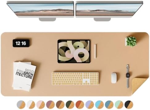 YSAGi Double-Sided Desk Mat, Eco Cork & Leather Desk Protector, Large Mouse Pad & Writing Pad for Office/Home (Apricot+Cork, 47.2" x 17")