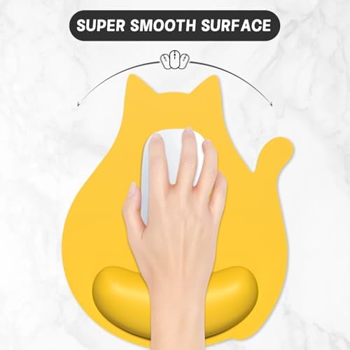 Ergonomic Mouse Pad with Wrist Rest, Cute Cat Memory Foam Padded Pain Relief Non-Slip Wrist Support Mouse Mat for Gaming Work Computer Laptop, Funny Office Supplies Desk Accessory, Yellow