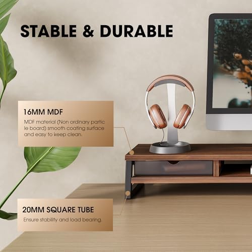 Fenge Dual Monitor Stand Riser, 42.5in Desk Shelf with 2 Drawers, Brown