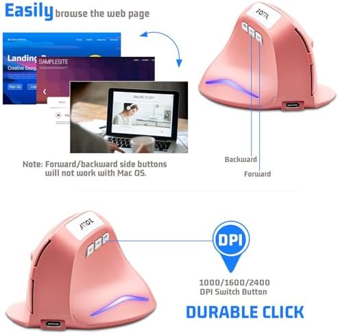Wireless Vertical Ergonomic Optical Mouse, Pink Computer Mouse with 3 Adjustable DPI 1000/1600/ 2400, 5 Buttons for Laptop, Desktop, PC, MacBook