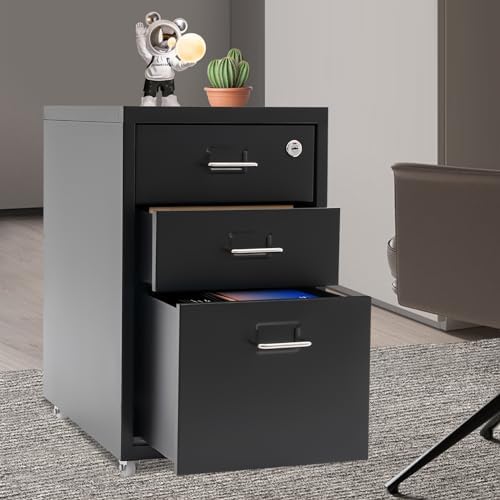 CNCEST 2-Drawer Vertical File Cabinet Metal Mobile Filing Cabinet with Lock Rolling File Drawer Cabinet Under Desk Sturdy Steel Storage Unit with Glide Drawers Lockable Wheels for Home Office (Black)