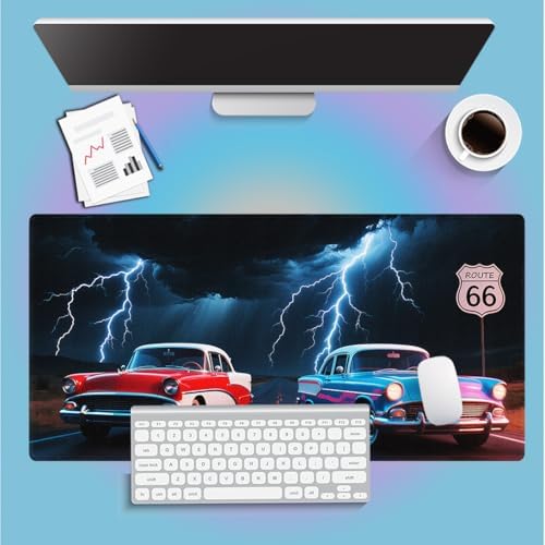 Classic Red & Blue Cars Large Mouse Pad, Lightning Scene Route 66 Desk Mat
